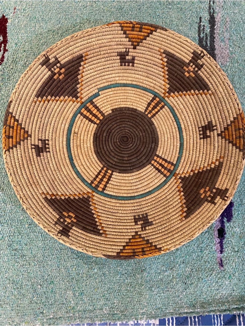 Handwoven Round Basket Tray - Natural, Brown & Teal Accent
